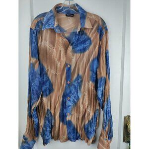 Johnny Max Women Button Down Shirt Sheer Blue Beige Floral Crinkle Sz XL